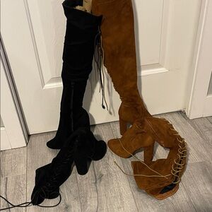 Faux Suede Over-the-Knee Boots - Black and Brown